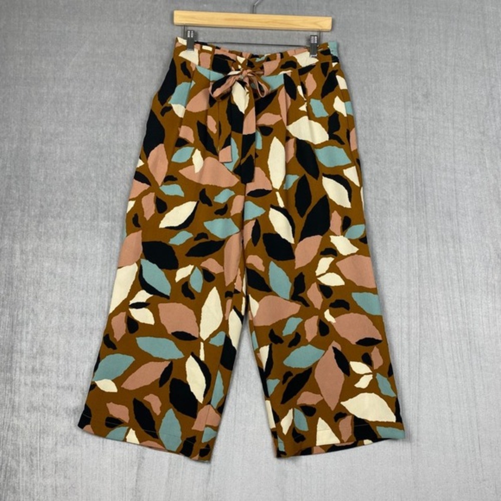 DR2 Pull On Pants Womens M Cropped Wide Leg Brown Geometric‎ Print Pockets Chic